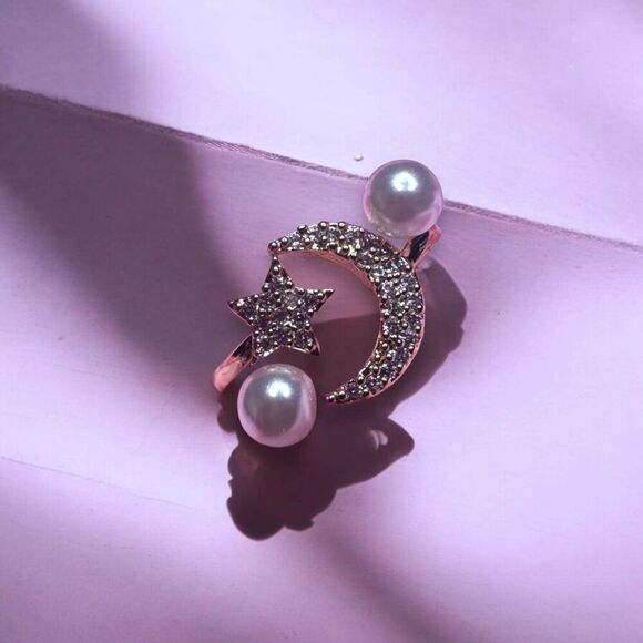 Silver Celestial Moon Stars Pearls Open Band Wrap Ring NEW - Picture 3 of 3